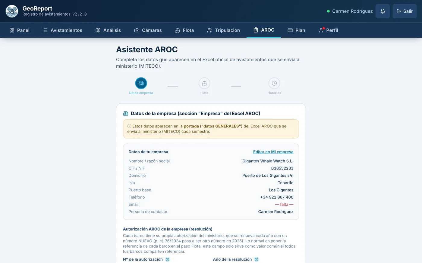 Pantalla: Informe AROC oficial por barco