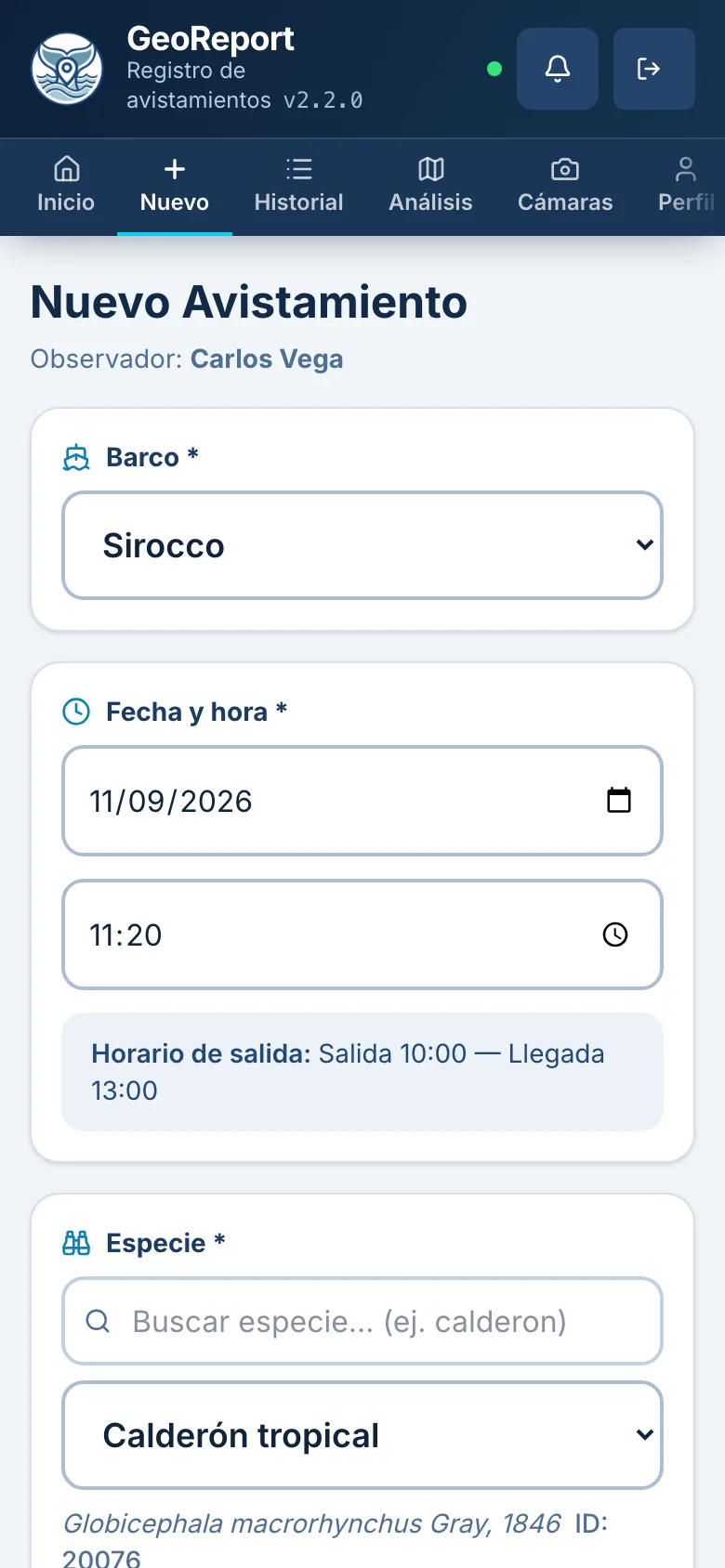 Pantalla del móvil: Registro desde el barco