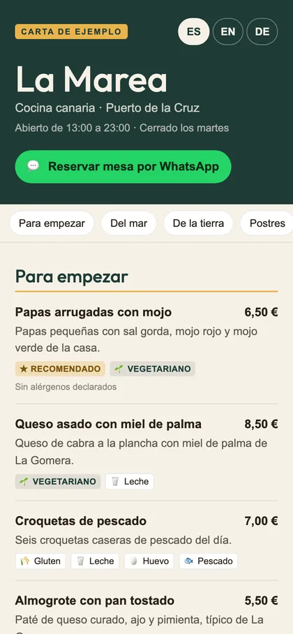 Carta digital de ejemplo en el móvil